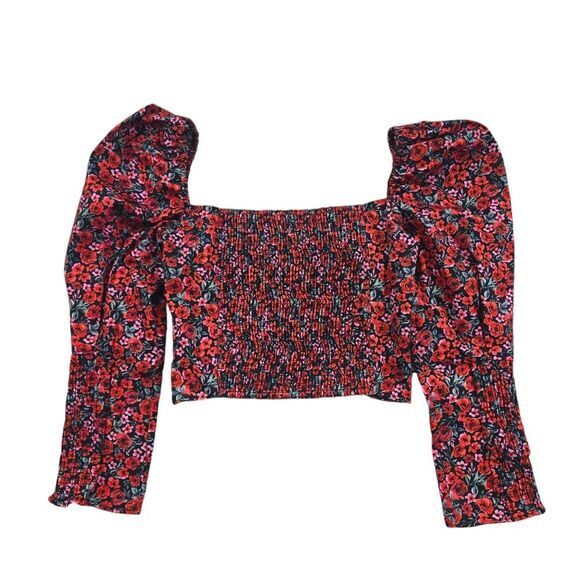 Zara -1807 Long Sleeve Floral Puff Sleeve Sweetheart Crop Top Red NWOT Small - Picture 3 of 7
